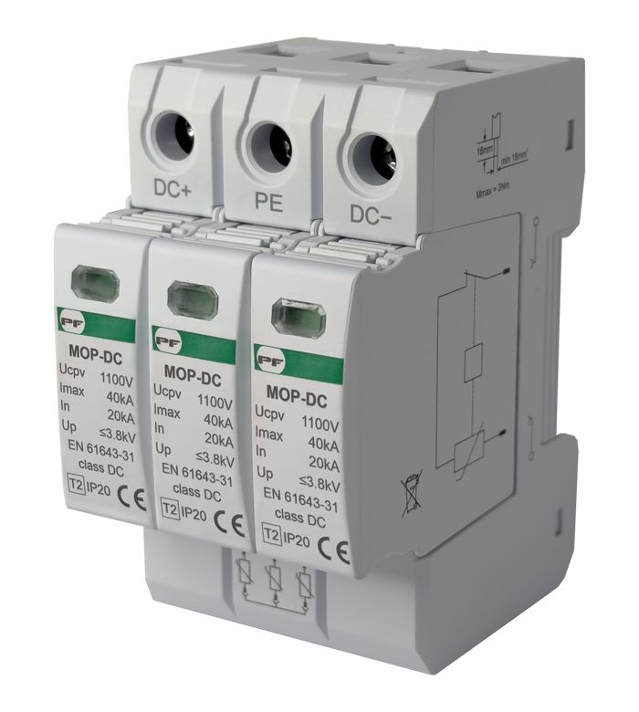 Обмежувач перенапруг постійного струму MOP-DC T2 2Р+N Ucpv 1100Vdc In 20kA In max 40kA Up: 3,8кА PF(MOPDC31100)